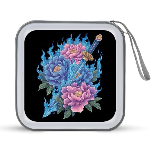 Jubonexis Blue Flames Katana Pfingstrose Blumen CD-Hülle DVD Aufbewahrungskoffer tragbar Jubonexis Blue Flames Katana Pfingstrose Blumen CD-Hülle DVD Aufbewahrungskoffer tragbar von Jubonexis