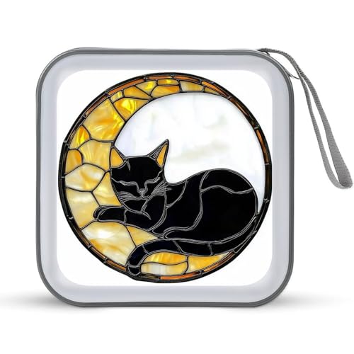 Jubonexis CD-Hülle aus Buntglas, Motiv: schwarze Katze, schlafend auf Mond, CD-Hülle, DVD-Aufbewahrung, tragbar Jubonexis CD-Hülle aus Buntglas, Motiv: schwarze Katze, schlafend auf Mond, CD-Hülle, DVD-Aufbewahrung, tragbar von Jubonexis