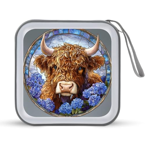 Jubonexis CD-Tasche aus Buntglas, Motiv: Highland Cattle Blue Flower CD DVD Storage Case Portable Jubonexis CD-Tasche aus Buntglas, Motiv: Highland Cattle Blue Flower CD DVD Storage Case Portable von Jubonexis