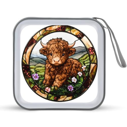 Jubonexis CD-Tasche aus Buntglas, Motiv: Hochlandrinder, Kuh, Blumen, CD-Hülle, DVD-Aufbewahrung, tragbar Jubonexis CD-Tasche aus Buntglas, Motiv: Hochlandrinder, Kuh, Blumen, CD-Hülle, DVD-Aufbewahrung, tragbar von Jubonexis