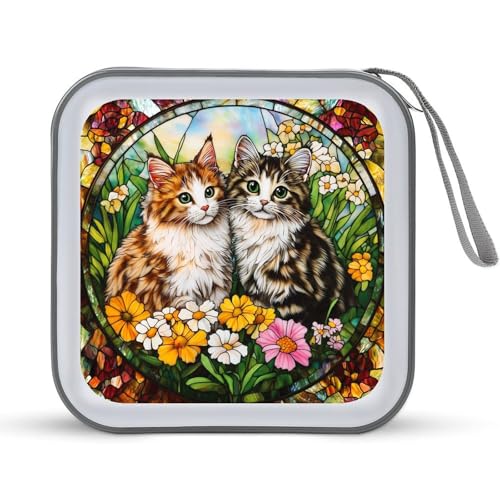 Jubonexis CD-Tasche aus Buntglas mit zwei Katzen und Blumen, für CDs, DVD-Aufbewahrung, tragbar Jubonexis CD-Tasche aus Buntglas mit zwei Katzen und Blumen, für CDs, DVD-Aufbewahrung, tragbar von Jubonexis