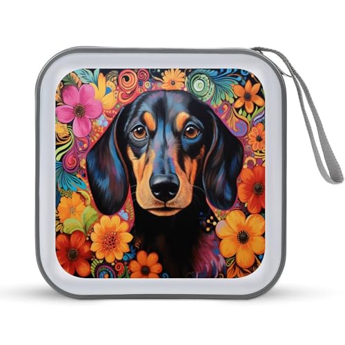 Jubonexis Dackel Dog Bunte Blumen Retro CD-Hülle DVD Aufbewahrungskoffer tragbar Jubonexis Dackel Dog Bunte Blumen Retro CD-Hülle DVD Aufbewahrungskoffer tragbar von Jubonexis