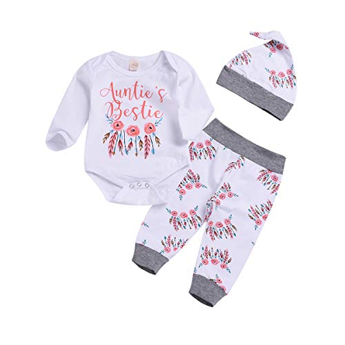 Juflam Baby Mädchen Kleidung Tante Bestie Strampler Top+Floral Pants+Hat 3Pcs Baby Tante Bekleidungssets (0–6 Monate) von Juflam