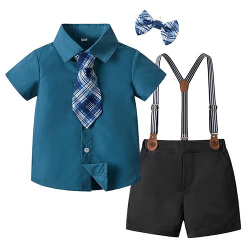 Jugaoge Baby Jungen Festlich Kleidung Set Sommer Kurzarm Hemd + Fliege Krawatte + Kurze Hose mit Hosenträger Gentleman Anzug Sakko zur Geburtstag Party Blau 98-104 von Jugaoge