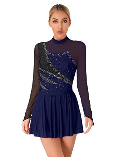 Jugaoge Damen Eiskunstlauf Kleider Langarm Kürkleid Glitzer Tanzkleider Mesh Spleiß Gymnastikanzug Turnanzug mit Tutu Röckchen Navy blau L von Jugaoge