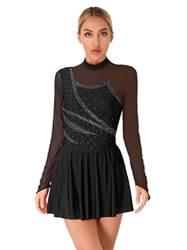 Jugaoge Damen Eiskunstlauf Kleider Langarm Kürkleid Glitzer Tanzkleider Mesh Spleiß Gymnastikanzug Turnanzug mit Tutu Röckchen Schwarz M von Jugaoge