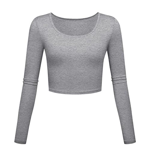 Jugaoge Damen Langarmshirt Basic Einfarbig Crop Top Kurz Bauchfrei Oberteil Slim Fit Rundhals T-Shirt Sport Yoga Fitness Tanz Shirts Grau XS von Jugaoge