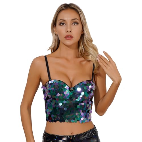 Jugaoge Damen Meerjungfrau BH Hemd Spaghettiträger Bustier Corsage Tops Glänzend Pailletten Oberteile Party Gogo Outfits Clubwear Schwarz M von Jugaoge