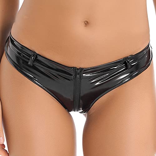 Jugaoge Damen Metallic String Tanga Ouvert Slip Zipper Bikinihose Low Rise Unterhosen Sexy Unterwäsche Glänzend Hipster Pantys Gogo Clubwear Schwarz S von Jugaoge