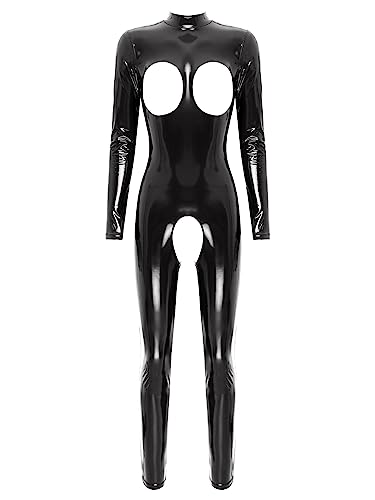 Jugaoge Damen Ouvert Body Wetlook Ganzkörper Bodysuit mit Aushöhlen Busenfrei Langarmshirt Stehkragen Top und Offener Schritt Lack Leder Hose Clubwear Schwarz 4XL von Jugaoge