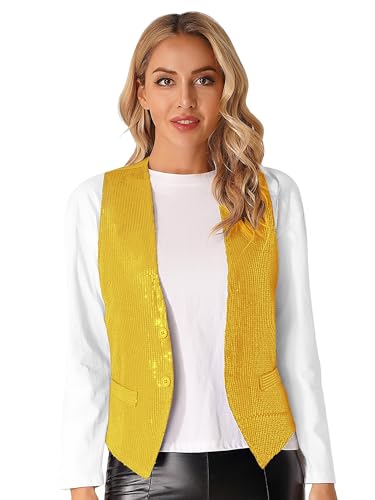 Jugaoge Damen Pailletten Weste Ärmellos V-Ausschnitt Anzugweste Kurz Gilet mit Zwei Knöpfe Hochzeit Party Disco Tanz Outfits Gold M von Jugaoge