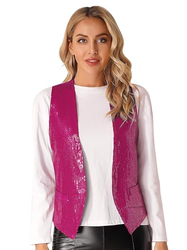 Jugaoge Damen Pailletten Weste Ärmellos V-Ausschnitt Anzugweste Kurz Gilet mit Zwei Knöpfe Hochzeit Party Disco Tanz Outfits Hot Pink M von Jugaoge