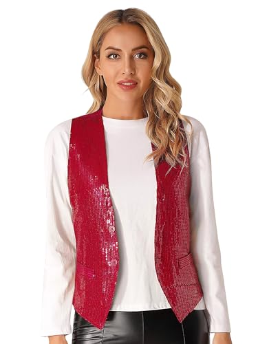 Jugaoge Damen Pailletten Weste Ärmellos V-Ausschnitt Anzugweste Kurz Gilet mit Zwei Knöpfe Hochzeit Party Disco Tanz Outfits Rot 4XL von Jugaoge