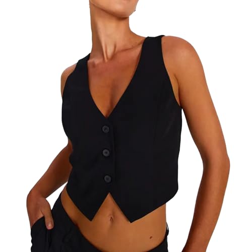 Jugaoge Damen Slim Fit Weste Ärmellos Anzugweste V-Ausschnitt Crop Top Waistcoat Einfarbig Sakko Smoking Blazer ohne arm Gilet Business Outfit Schwarz M von Jugaoge