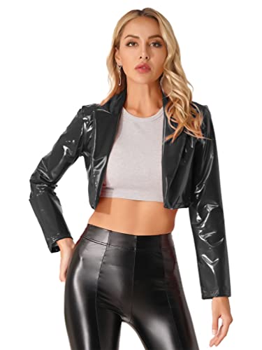 Jugaoge Damen Wetlook Bolero Kurz Vorne Offen Lack Leder Cardigen Strickjacke Bauchfrei Crop Top Jacke mit Revers Kragen Herbst Winter Oberbekleidung Schwarz 3XL von Jugaoge