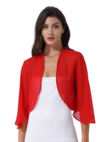 Jugaoge Eleganter Damen Bolero aus Chiffon Strickjacke 3/4 Ärmel Kurz Festlich Schulterjacke Cardigan Basic Einfarbig Jäckchen für Hochzeit Party Rot XL von Jugaoge