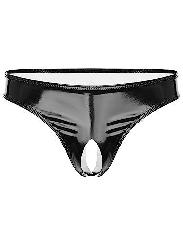 Jugaoge Herren Low Rise Lack Leder Slips String Sexy Tanga Ouvert Unterwäsche Offen im Schritt Wetlook Bikini Briefs Glänzend Shorts Clubwear Schwarz B S von Jugaoge