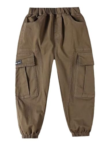 Jugaoge Jungen Lange Hose Chino Cargo Pants mit Taschen Elastische Taille Stoffhose Baggy Street Dance Hip Hop Outfits Braun 122-128 von Jugaoge