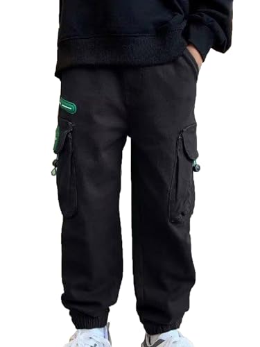 Jugaoge Jungen Lange Hose Chino Cargo Pants mit Taschen Elastische Taille Stoffhose Baggy Street Dance Hip Hop Outfits Schwarz 164-170 von Jugaoge