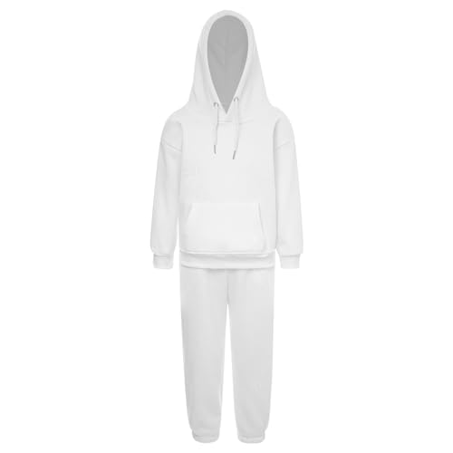 Jugaoge Kinder Sportanzug Basic Einfarbig Trainingsanzug Loose Fit Jogginganzug Kapuzenpullover Sweatshirt und Kordelzug Sporthose Jogginghose Tracksuit Weiß 104-110 von Jugaoge