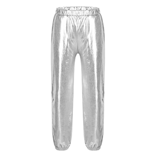 Jugaoge Mädchen Jungen Hose mit Glitzer Metallic Glänzend Sporthose Elastische Taille Jogginghose Loose Fit Traininghose mit Taschen Beinabschluss Tanzhose Silber 122-128 von Jugaoge