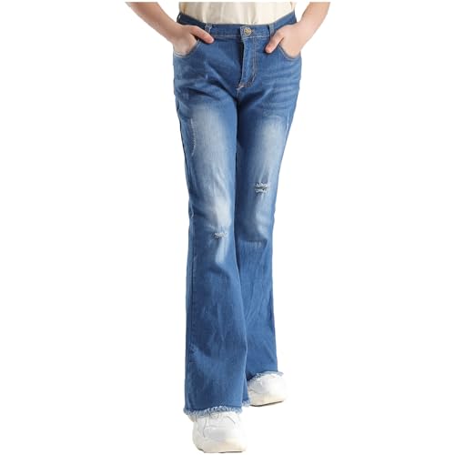 Jugaoge Mädchen Schlagjeans mit Spitzen Kunstperlen Jeanshose High Waist Denim Hose Bell Bottom Flared Pants Streetwear Blau B 158-164 von Jugaoge