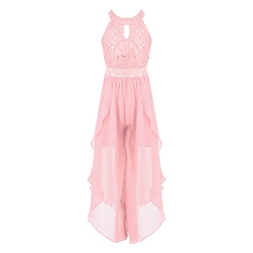 Jugaoge Mädchen Spitzen Jumpsuit Chiffon Overall Weite Hose Unregelmäßig Hosenanzug Neckholder Top Sommer Festliche Kinderbekleidung Einteiler Rosa 122-128 von Jugaoge