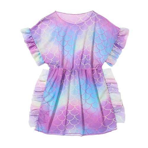 Jugaoge Mädchen Strandkleid Fischschuppen Print Sommer Badeanzug Strandtunika Chiffon Strandponcho Sommerkleider Bikini Cover Up Violett 134-140 von Jugaoge