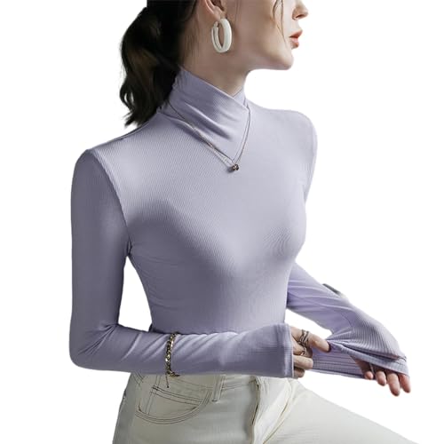 Juneyou Fleece Crossover Rollkragen Damen Rollkragen Langarm Base Layer Tops Stretch Strick Slim Fit Pullover Sweater, hellviolett, S von Juneyou