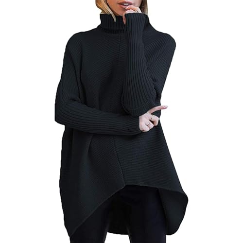 Solider Rollkragenpullover mit geripptem Strick, unregelmäßiger Saum, Pullover für Damen, Schwarz , M von Juneyou