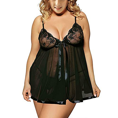 Damen Sexy Dessous Set Große Größen Erotische Lingerie Unterwäsche Reizwäsche Spitze Nachthemd V-Ausschnitt Negligee Babydoll Mesh Spitzen Nachtwäsche mit G-String Nachtkleid (4XL,Schwarz) von Jungerhouse