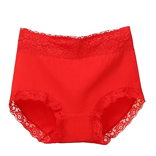 Damen Slip Unterhose Miederhose Baumwolle Hoher High Waist Taillenslip Atmungsaktive Unterwäsche Baumwolle Spitze Panty Hipster mit Feinem Spitzenbesatz an Bein und Taille Hipster (XXL,Rot) von Jungerhouse