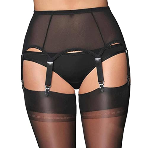 Damen Strumpfgürtel Belt Spitze Panty Strapsgürtel Strumpfhalter Dessous Oberschenkel-Highs Strumpfband Hipster Haken Unterwäsche Strapshalter Strumpfbänder mit verstellbare Clip (L,Schwarz) von Jungerhouse