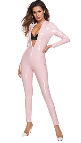 Damen Wetlook Sexy Bodysuit PVC Latex Catsuit Ouvert Reißverschluss Lack Leder Dessous Nachtwäsche Langarm Einteiler Overall Jumpsuit Playsuit Hosenanzug Cosplay Kostüm Reizwäsche Clubwear (4XL,Rose) von Jungerhouse