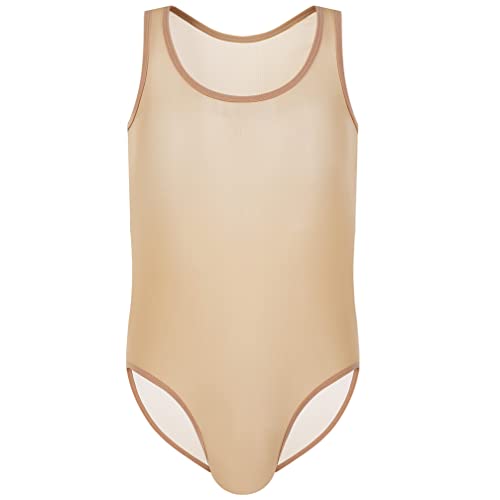 Herren Body Bodysuit Durchsichtig Stringbody Overall Ouvert Mesh Netzbody Jumpsuit Unterhemd Körperformung Boxer Unterwäsche Männer Unterwäsche Fischnetz Dessous Clubwear (XXL,Beige) von Jungerhouse