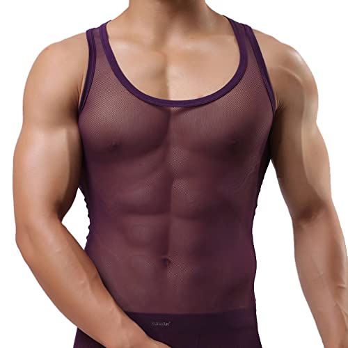 Herren Mesh Transparent Unterhemd Ärmellos Shirt Netzhemd Netzshirt Eisseide Tank Top Muskelshirt Dessous Unterwäsche Clubwear Ringershirt (L,Lila) von Jungerhouse