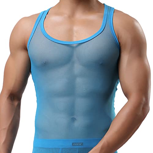 Herren Mesh Transparent Unterhemd Ärmellos Shirt Netzhemd Netzshirt Eisseide Tank Top Muskelshirt Dessous Unterwäsche Clubwear Ringershirt (XL,Himmelblau) von Jungerhouse