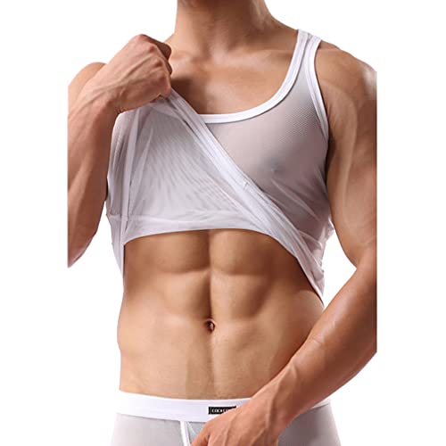 Herren Mesh Transparent Unterhemd Ärmellos Shirt Netzhemd Netzshirt Eisseide Tank Top Muskelshirt Dessous Unterwäsche Clubwear Ringershirt (XL,Weiß) von Jungerhouse