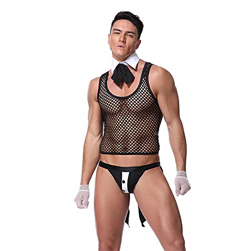 Herren Sexy Dessous Set Unterwäsche Männer Bodysuit Kellner Kostüm Reizwäsche Cosplay Dessous Zubehör Männer Weste Anzug mit Strings Slips Boxershorts Clubwear (Style 20190,Einheitsgröße) von Jungerhouse