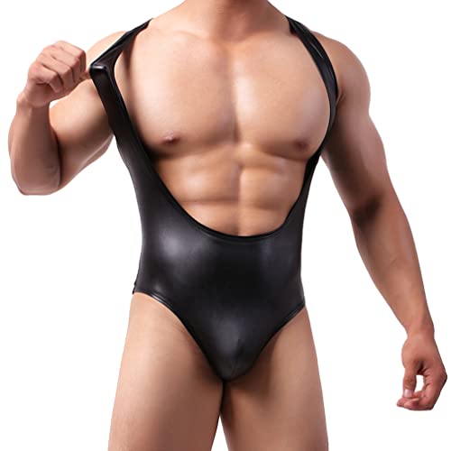 Herren Sexy Mankini Lack Wetlook Bodysuit Einteiler Erotik Dessous Unterwäsche Overall Männer String Tanga Weste Wrestling Unterhemd Leopard Catsuit Ouvert Jumpsuit Nachtwäsche (XL,Schwarz) von Jungerhouse