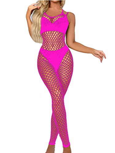 Sexy Bodystocking Sexy Frauen Sexy Dessous Fischnetz Bodysuit Mesh Body Ganzkörper Strumpfhose Babydoll Erotik Nachtwäsche Jumpsuit Catsuit Clubwear Erotik Dessous Set (Einheitsgröße,Hot Pink) von Jungerhouse