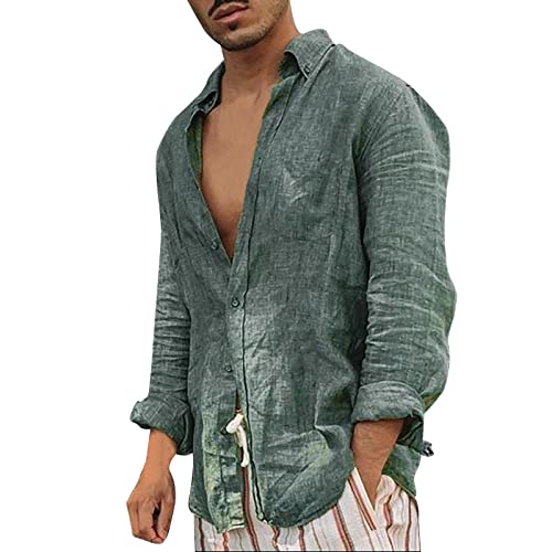 Hemd Herren Outdoor Langarm Leinenhemden für Herren, ultradünne, lässige Button-Down-Hemden, langärmliges Strandhemd, hawaiianische T-Shirts für Herren Herren Hemd Weit (Green, XL) von Junhasgood