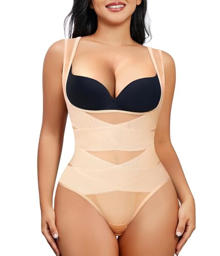 Junlan Body Shapewear Damen Bauchweg Bodysuit Figurenformend Damen Body Shaper Formbody Miederbody Taillenformer Damen Bauchweg Body (Beige mit String, 3XL) von Junlan