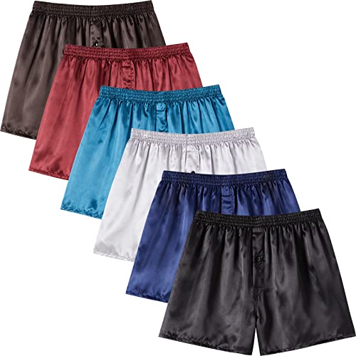 JupiterSecret Herren-Boxershorts aus Satin, seidiges Gefühl, Schlaf-Shorts, Unterwäsche mit Knopfschlitz, seidige Pyjamahose für Herren, 6er-Pack, einfarbig, X-Large von JupiterSecret