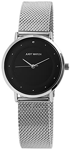 JUST WATCH Virginia Damen-Uhr Edelstahl Meshband Elegant Analog Quarz JW10073 (silberfarbig schwarz) von JUST WATCH