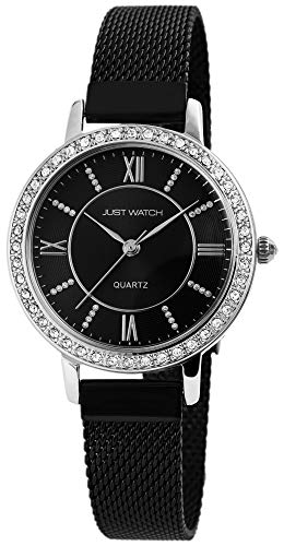 JUST WATCH Damen-Uhr Edelstahl Milanaiseband JW126 Strass Analog Quarz JW10064 (schwarz/silberfarbig) von JUST WATCH