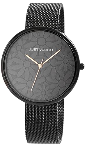 JUST WATCH Damen-Uhr Floriane Edelstahl Meshband Blumen Analog Quarz JW10182 (schwarz) von JUST WATCH