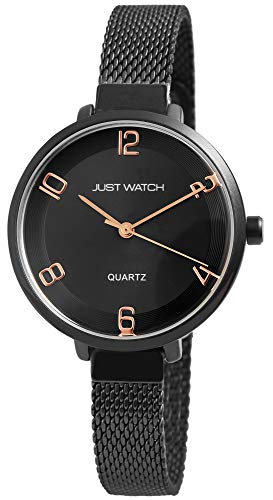 JUST WATCH Damen-Uhr JW142 Milanaiseband Hakenverschluß Analog Quarz JW10081 (schwarz) von JUST WATCH