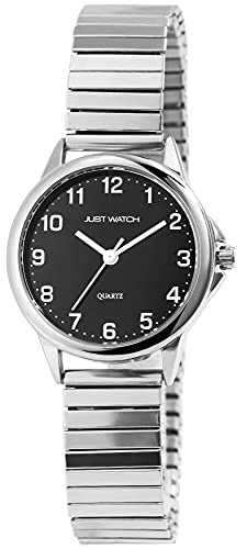 JUST WATCH Damen-Uhr Edelstahl Zugarmbanduhr gut lesbar silberfarbig schwarz 19,5cm ⌀29mm 14mm breit Geschenke für Frauen von JUST WATCH