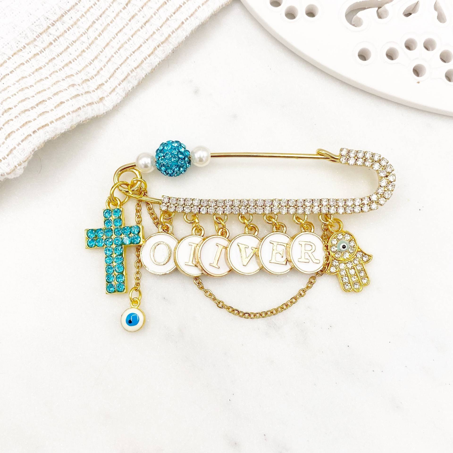 Kreuz Böse Auge Pin, Hamsa Hand Baby Gold Sicherheitsnadel, Brosche, Kinderwagen Taufe, Babyparty, Christian, Schutz von JustForBubba